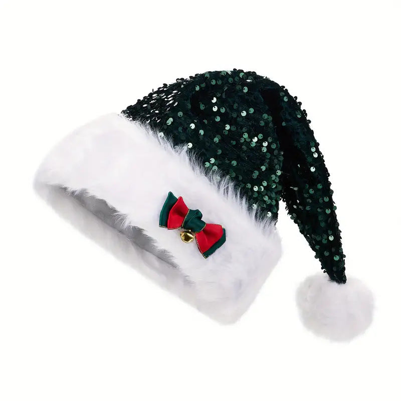 Christmas Hat With Red Sequins And Bow Design Warm Plush
