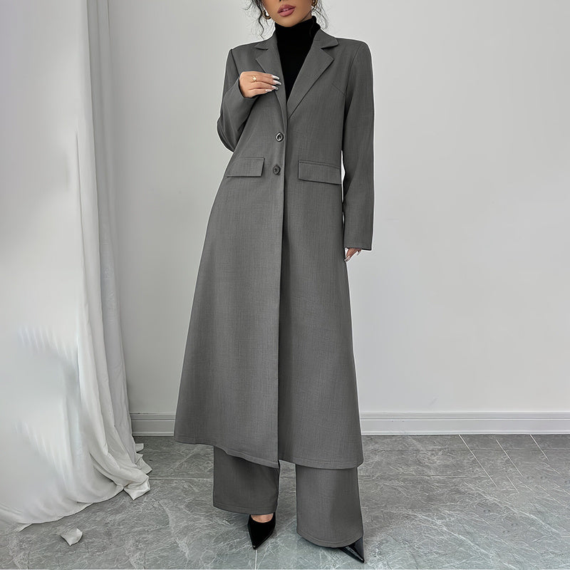 Women's 2 Piece Suit Set, Long Blazer Jacket And Straight Leg Pants,