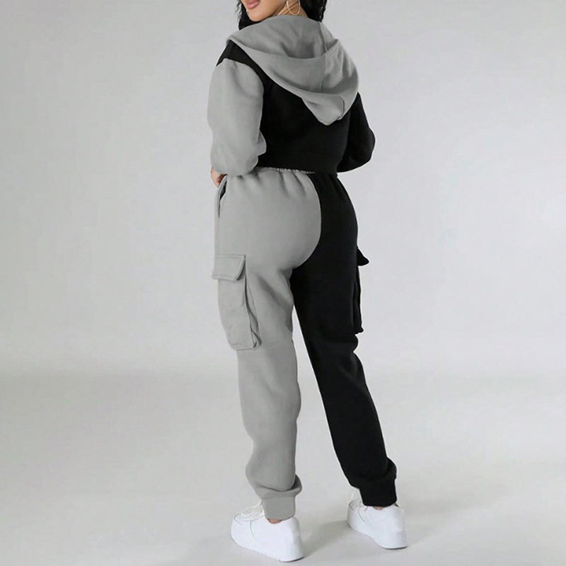 2 Piece Set, Full Zip Up Cropped Hoodie Jacket & Drawstring Cargo Pants, Casual Streetwear Outfit