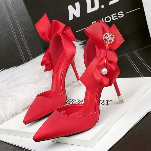 Pointed Toe High Heels with Bow Detail - Classic Stiletto Pumps