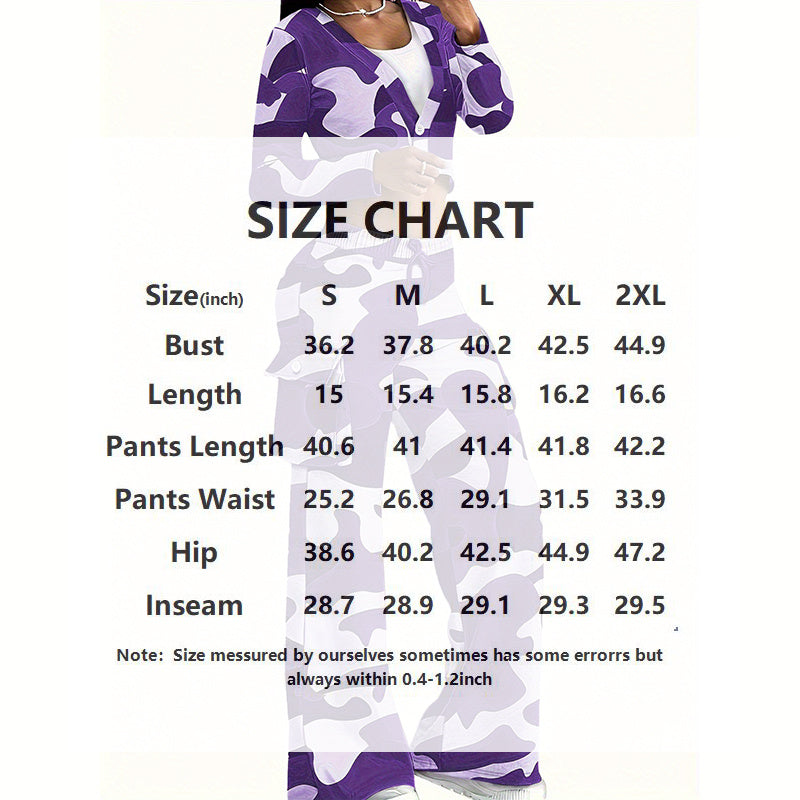 Women's Camouflage Print 2-Piece Set, V-Neck Single Button Crop Top & Drawstring Cargo Pants