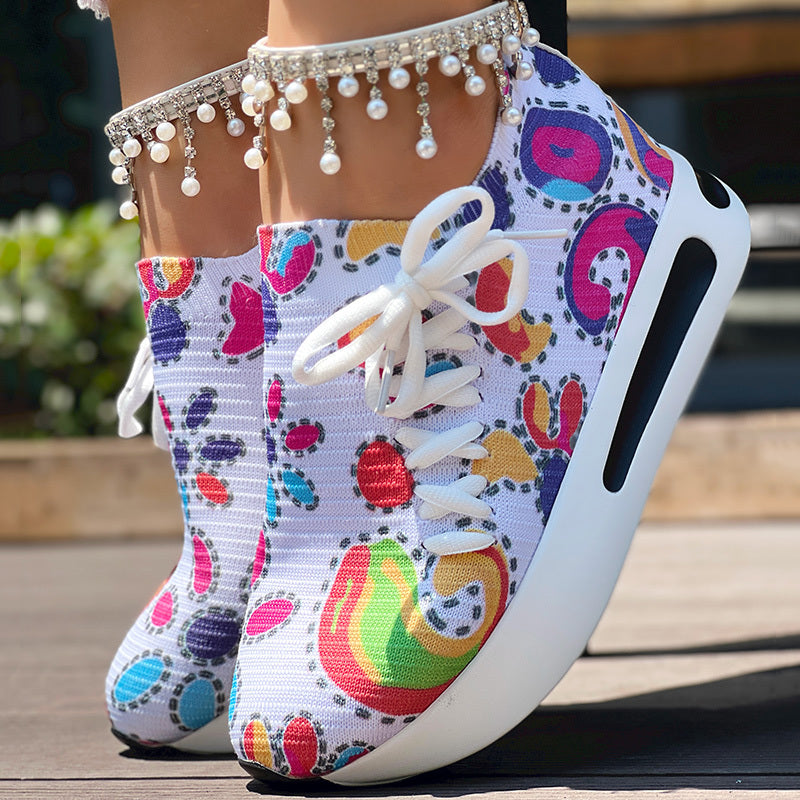 Women's Random Print Side Lace-Up Elastic Sport Shoes, Comfortable Slip-On Sneakers For Women, Casual Daily Wear Footwear