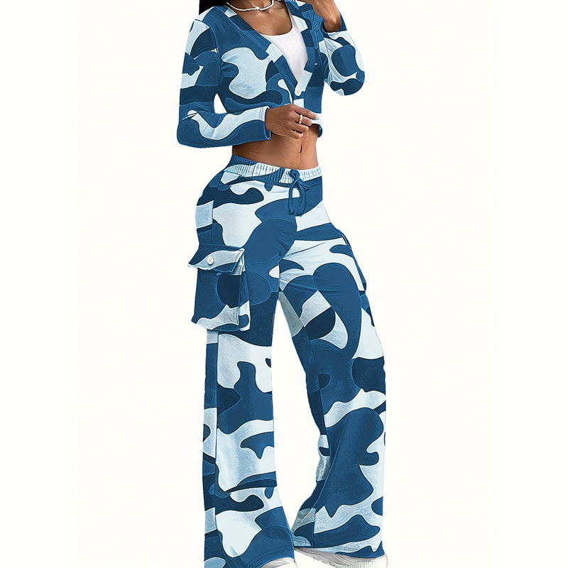 Women's Camouflage Print 2-Piece Set, V-Neck Single Button Crop Top & Drawstring Cargo Pants