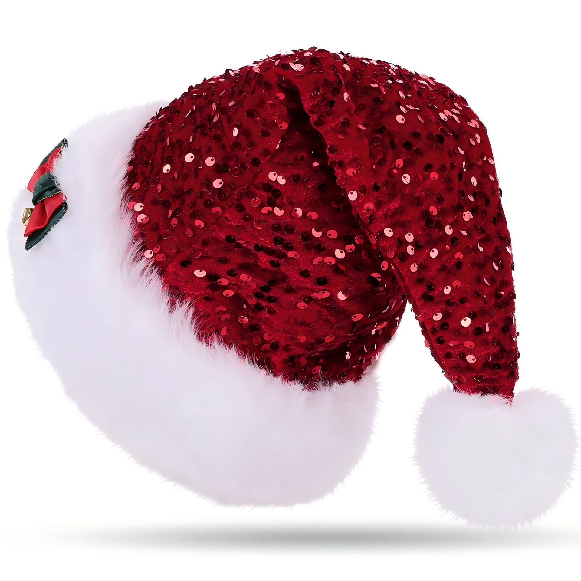 Christmas Hat With Red Sequins And Bow Design Warm Plush