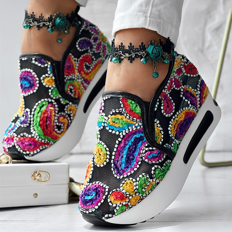 Women's Random Print Side Lace-Up Elastic Sport Shoes, Comfortable Slip-On Sneakers For Women, Casual Daily Wear Footwear