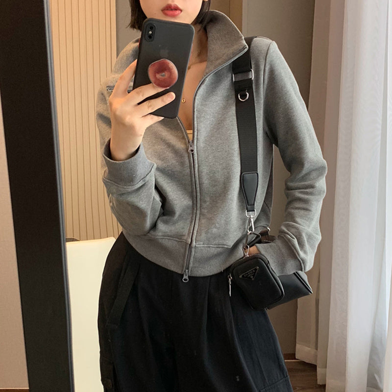 Women American Retro  Short Hoodie Stand Up Collar Jacket