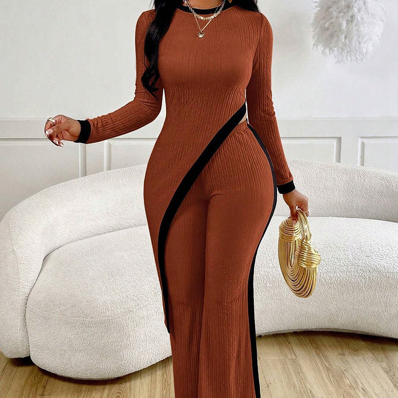 Women's 2 Piece Outfit Sexy Asymmetrical Hem Long Sleeve Top And Wide Leg Pants Sets Elegant Vacation Going Out Suit