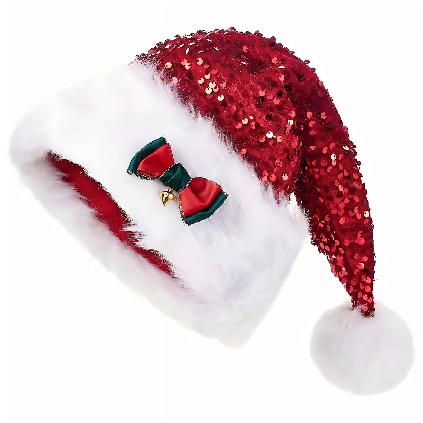 Christmas Hat With Red Sequins And Bow Design Warm Plush