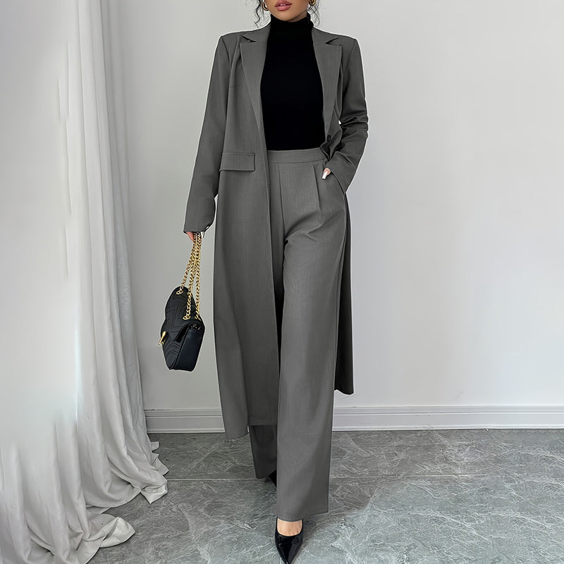 Women's 2 Piece Suit Set, Long Blazer Jacket And Straight Leg Pants,
