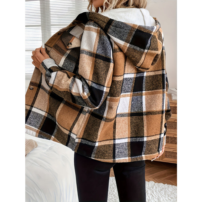 Women's Plaid Fleece Lined Hooded Jacket Button Front Long Sleeve Coat With Pocket For Autumn & Winter