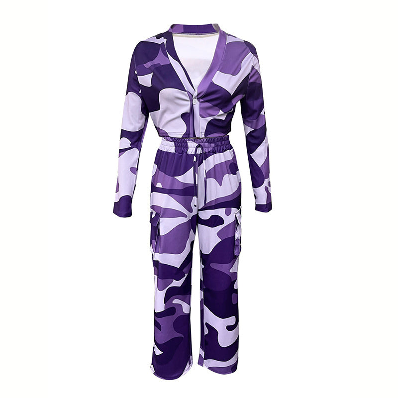 Women's Camouflage Print 2-Piece Set, V-Neck Single Button Crop Top & Drawstring Cargo Pants
