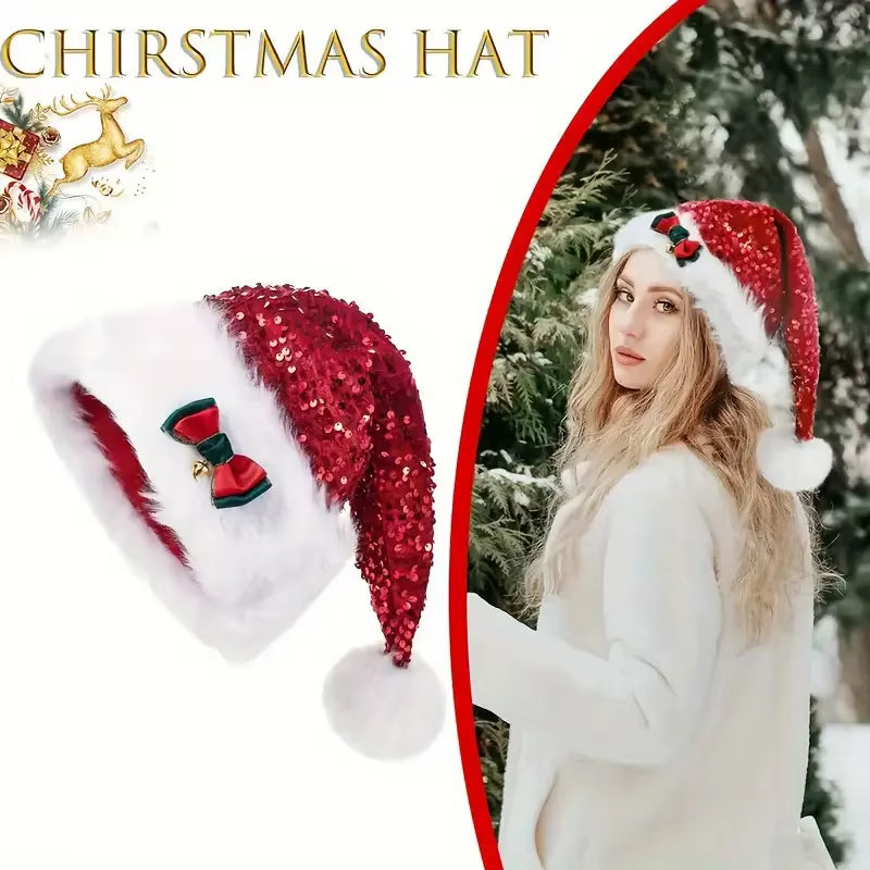 Christmas Hat With Red Sequins And Bow Design Warm Plush