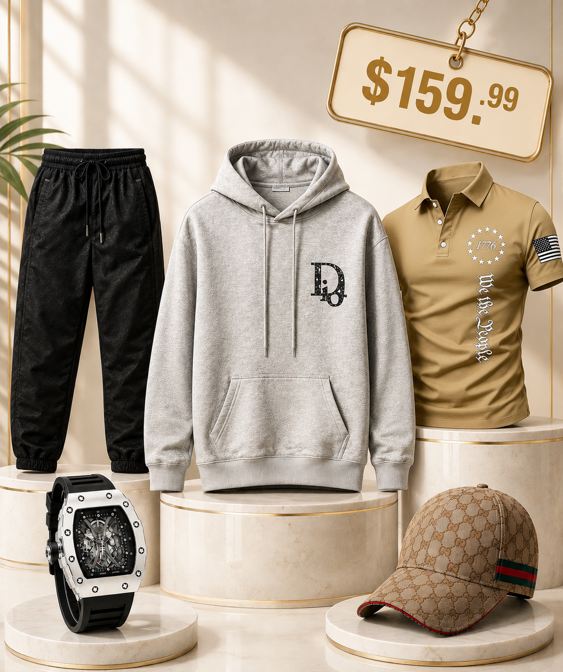 🔥Luxury Men's 5-Piece Premium Fashion Bundle – Hoodie, Polo, Watch, Cap & Jogger Pants