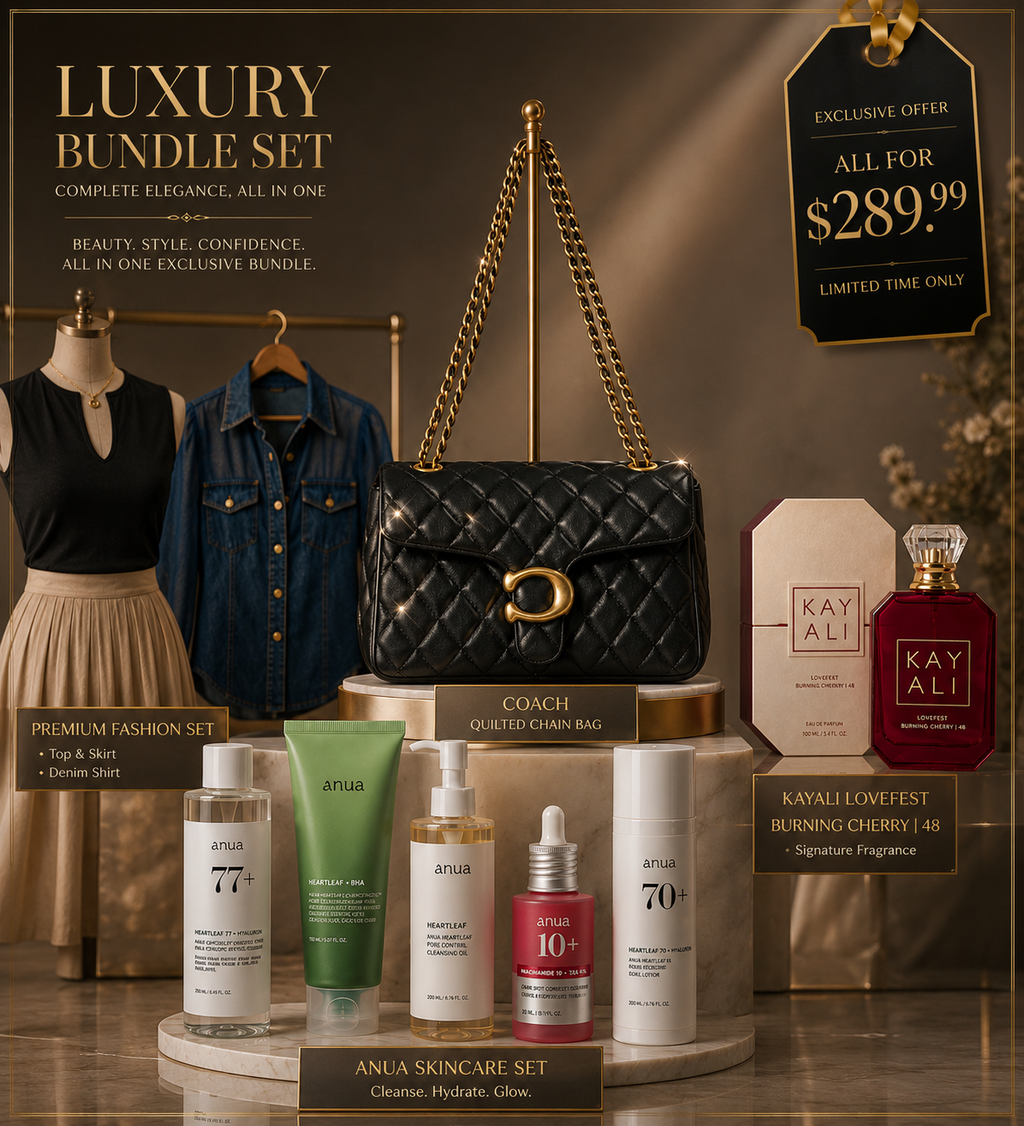 🔥Luxury Fashion & Skincare Bundle Set – Coach Style Bag, Anua 5-Piece Skincare & Kayali Lovefest Perfume Collection