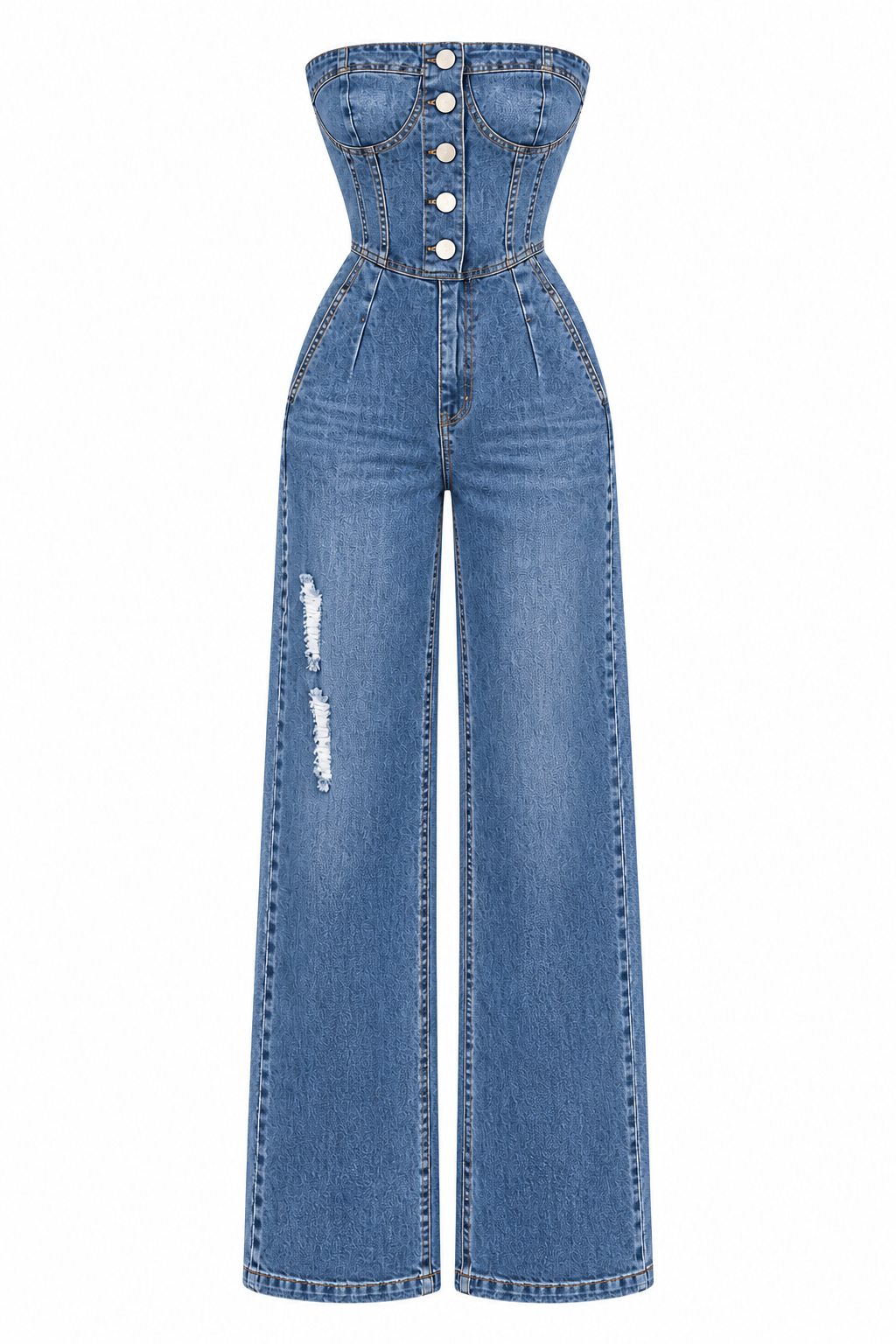 Women High Waist Denim Tube Top One Piece Wide Leg Pants
