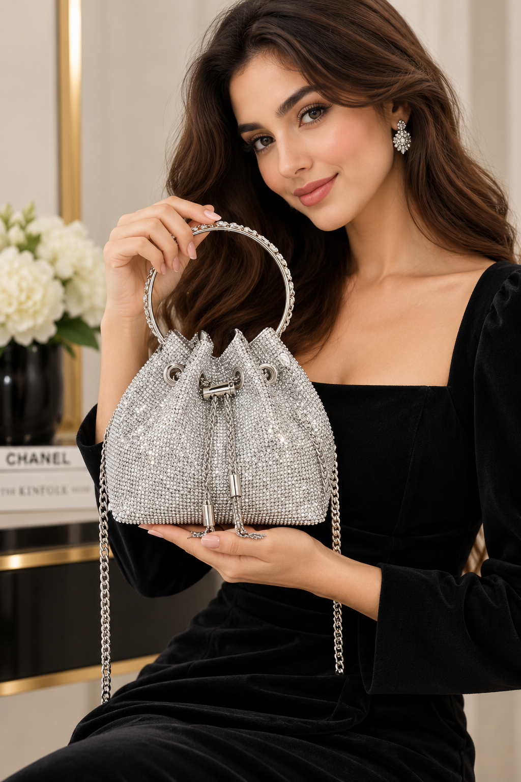 Acrylic Evening Handbag with Diamond-Encrusted Chain