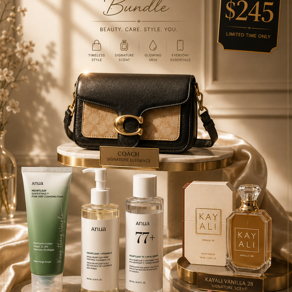 🔥Luxury Essentials Bundle – Coach Bag, Anua Skincare, Kayali Perfume & Rhode Phone Case