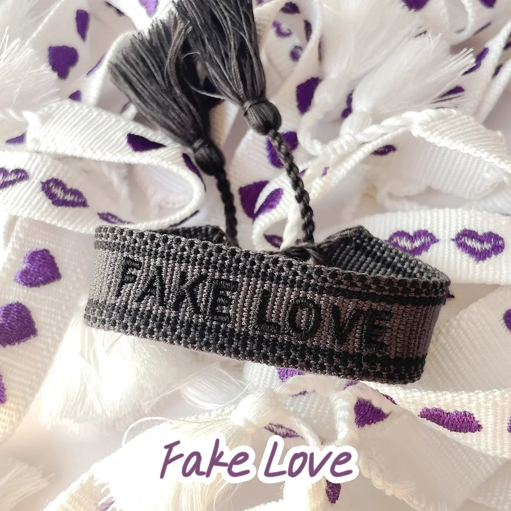 Adjustable Woven Bracelet with Hearts and Lettering