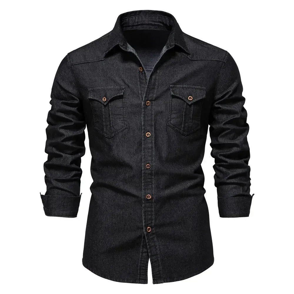 Elastic Cotton Denim Shirt Men Long Sleeve Quality Cowboy Shirts for Men