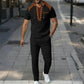 Men's plaid short-sleeved hooded color-block patchwork pullover and belt casual pants set