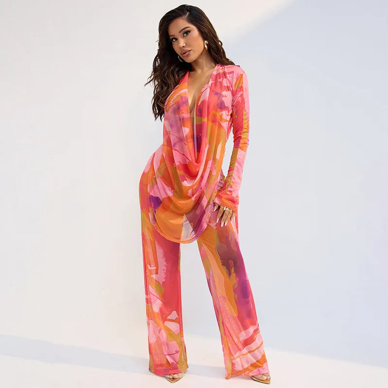 Joskaa Printed Mesh 2 Piece Set Women Sexy Draped Neck Long Sleeve Backless Asymmetric Top+Flare Pants Match Beach Holiday Suits