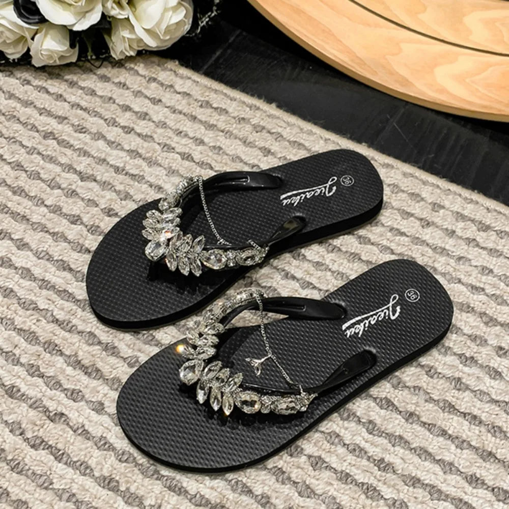 Fashion Flip Flops Women Summer Glass Diamond Slippers Women's Daily Outwear