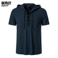 Summer New Men's Cotton Linen Hooded Short Sleeve Shirt Summer Casual