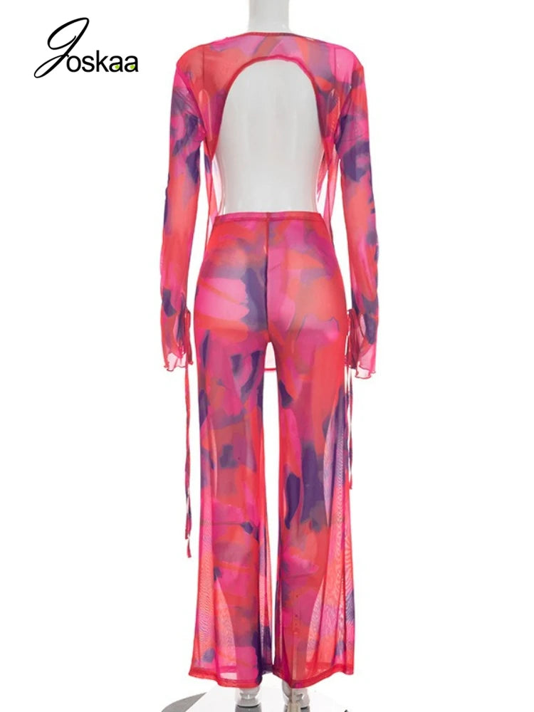 Joskaa Printed Mesh 2 Piece Set Women Sexy Draped Neck Long Sleeve Backless Asymmetric Top+Flare Pants Match Beach Holiday Suits
