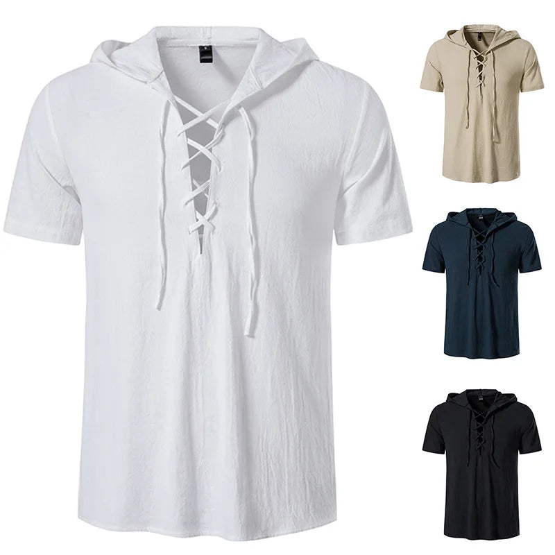 Summer New Men's Cotton Linen Hooded Short Sleeve Shirt Summer Casual