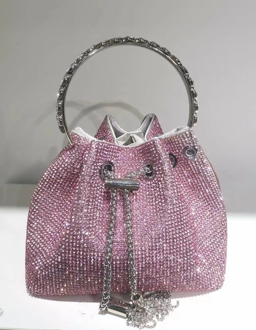 Acrylic Evening Handbag with Diamond-Encrusted Chain