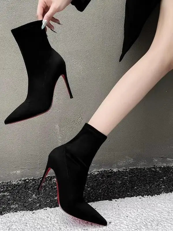 2024 Autumn Winter Pointed Toe Slim Boots High Heel Velvet Surface