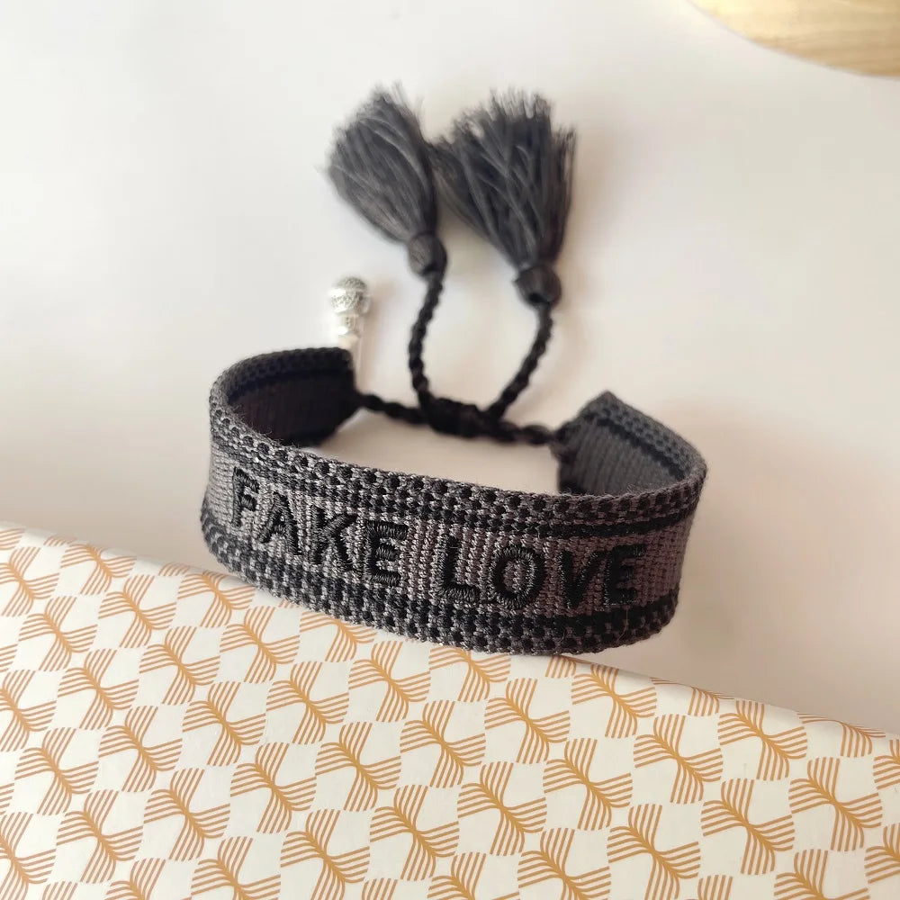 Adjustable Woven Bracelet with Hearts and Lettering