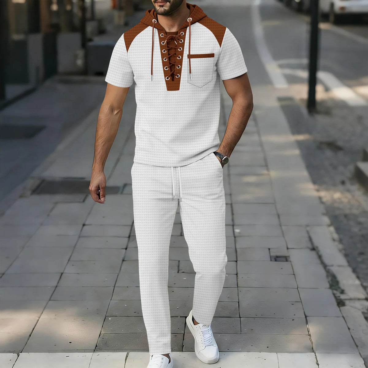 Men's plaid short-sleeved hooded color-block patchwork pullover and belt casual pants set