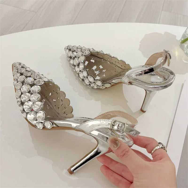 Aneikeh Fashion Stiletto Pumps Summer Silvery Rhinestone