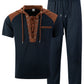 Men's plaid short-sleeved hooded color-block patchwork pullover and belt casual pants set
