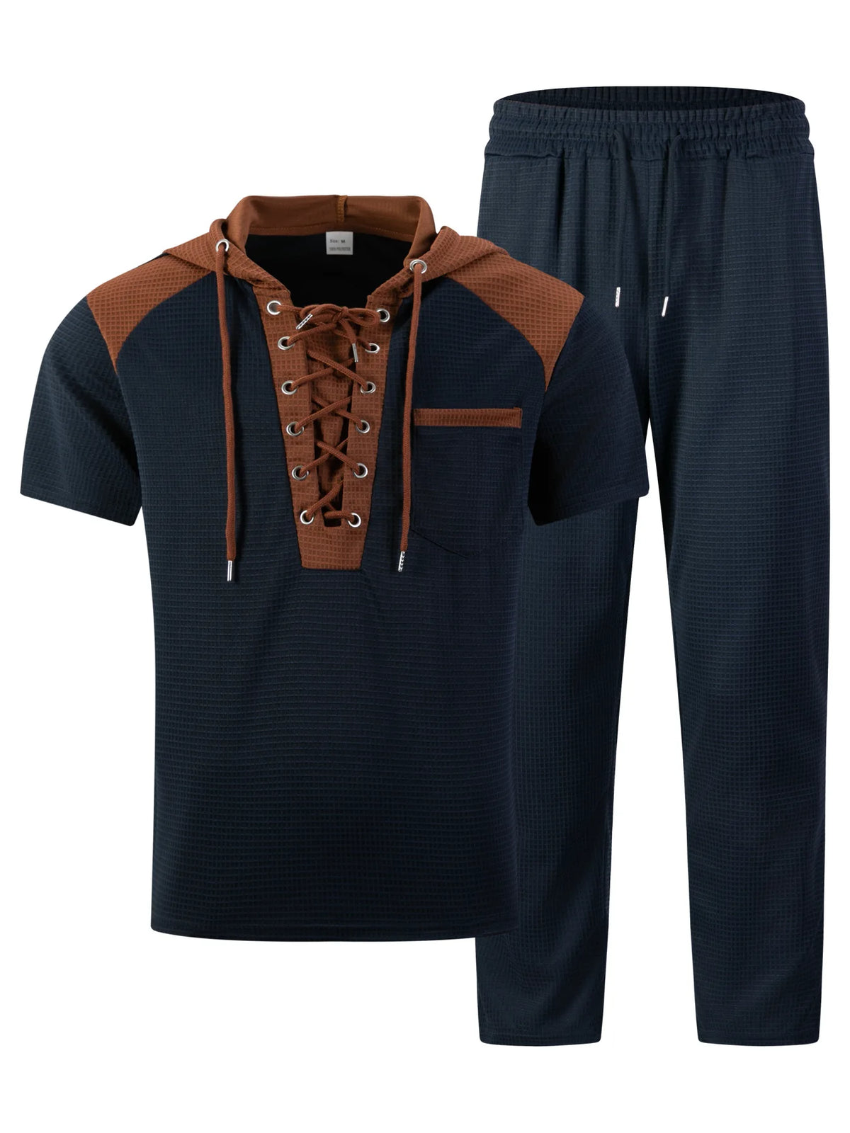 Men's plaid short-sleeved hooded color-block patchwork pullover and belt casual pants set