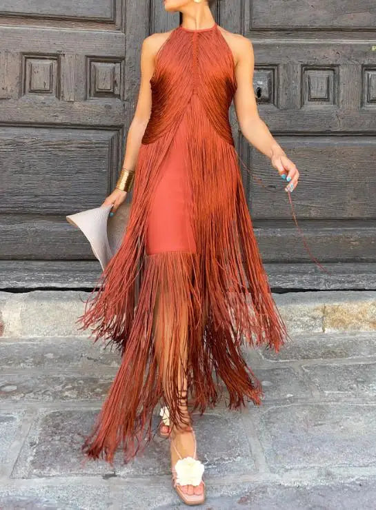 Women Dresses 2026 Spring Summer New Solid Color Temperament Hanging Neck Tassel Design Sleeveless Slim Fit Long Dress