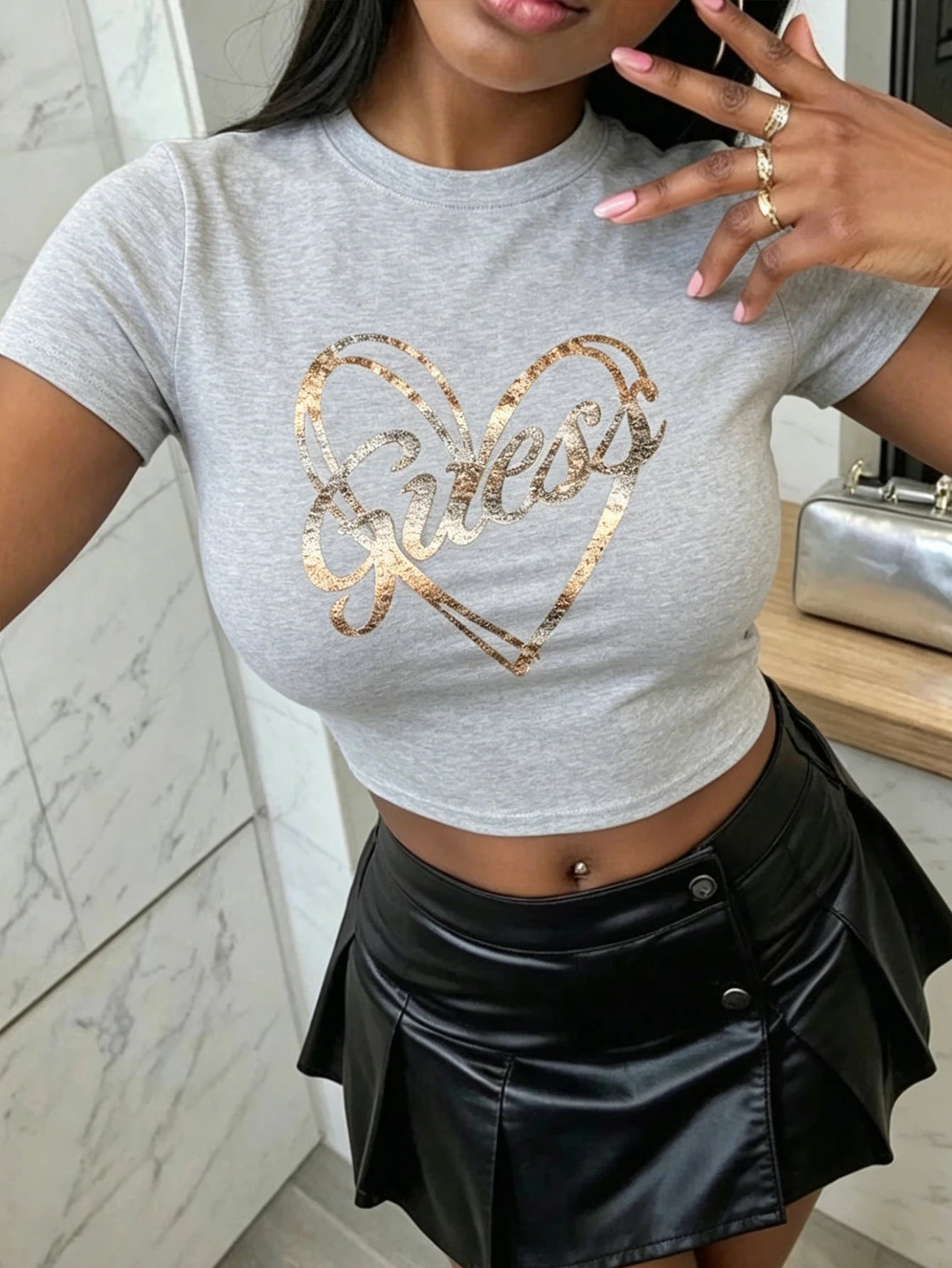 Guess Cool Girl Short Sleeve Heart Retro Print Round Neck T-Shirt,