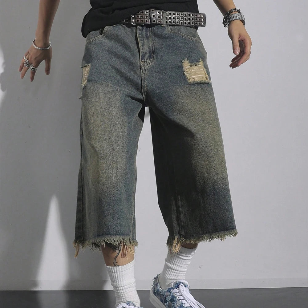 Men's Loose Ripped Denim Jeans 7 Point Calf Length Wide Leg Trousers