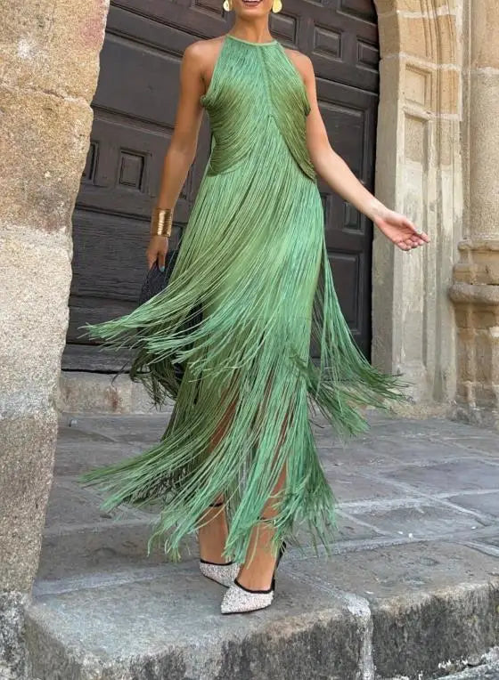 Women Dresses 2026 Spring Summer New Solid Color Temperament Hanging Neck Tassel Design Sleeveless Slim Fit Long Dress
