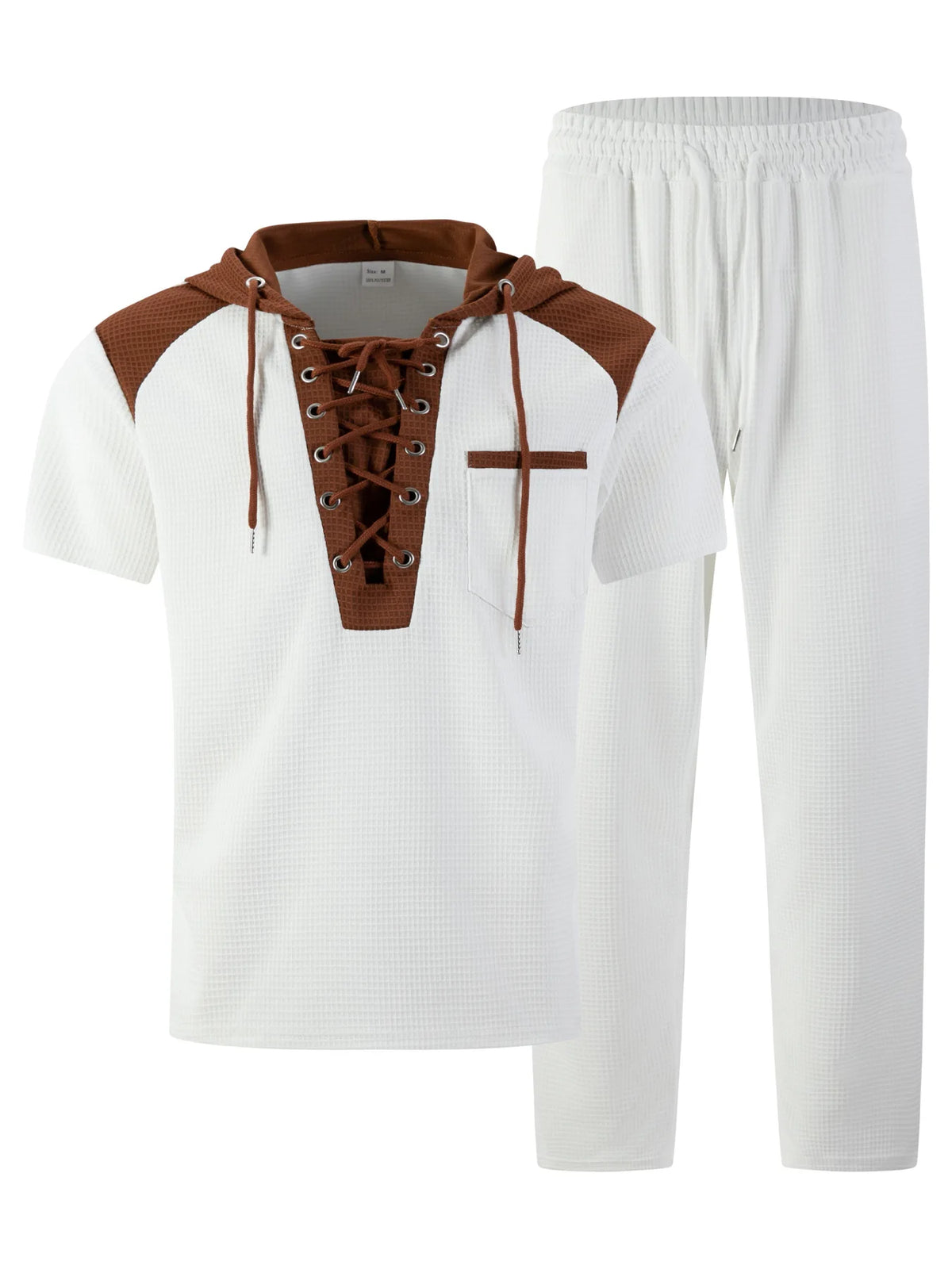 Men's plaid short-sleeved hooded color-block patchwork pullover and belt casual pants set
