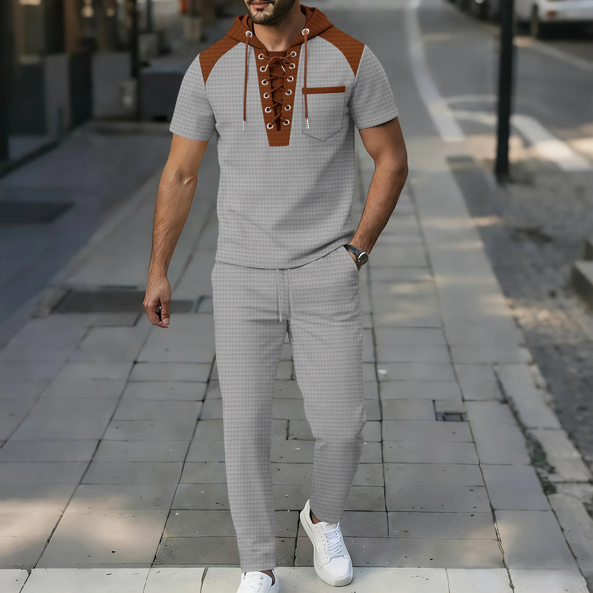 Men's plaid short-sleeved hooded color-block patchwork pullover and belt casual pants set