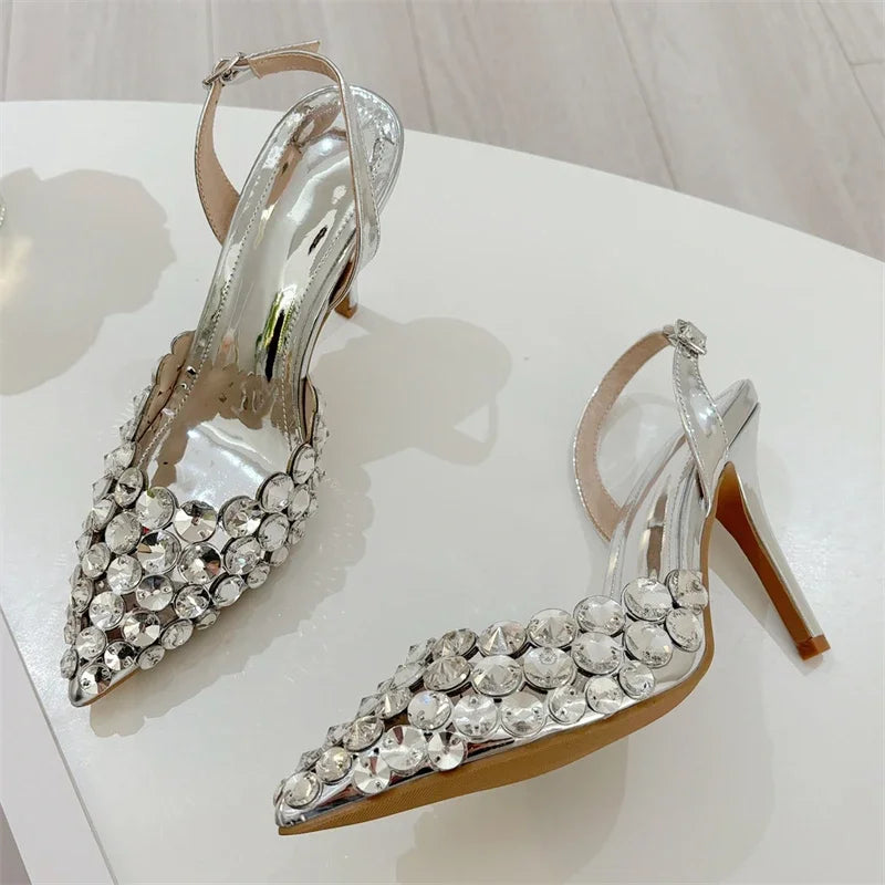 Aneikeh Fashion Stiletto Pumps Summer Silvery Rhinestone