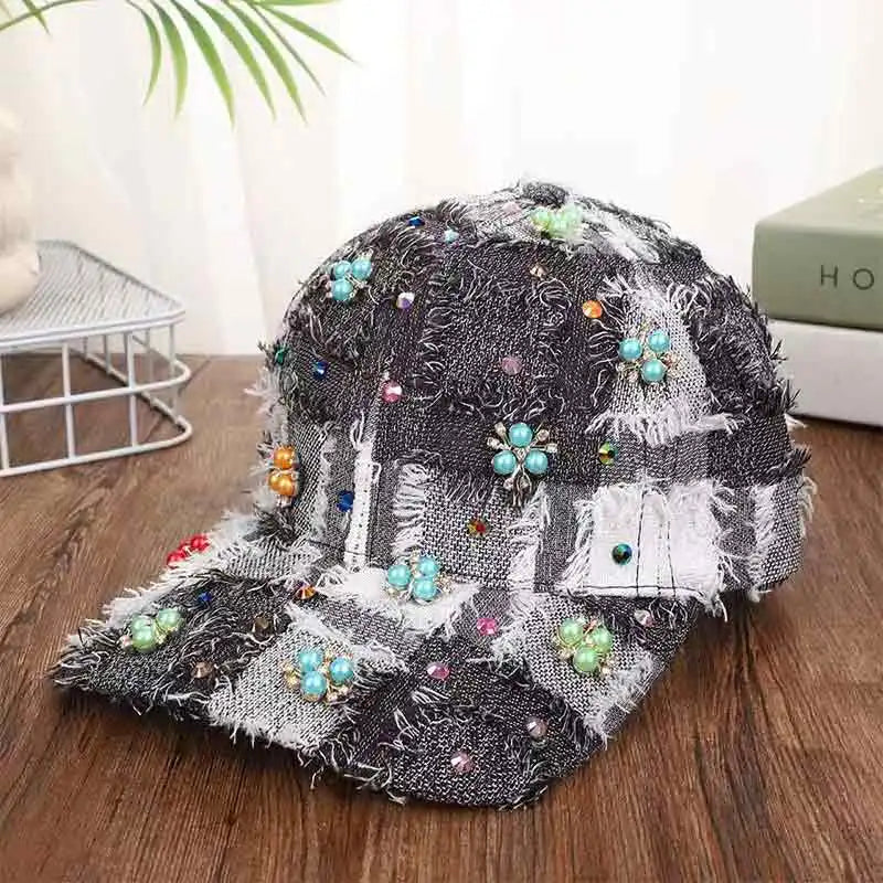 Rhinestone Ripped Plaid Baseball Cap Handmade Tassel Fashion Sun Hat