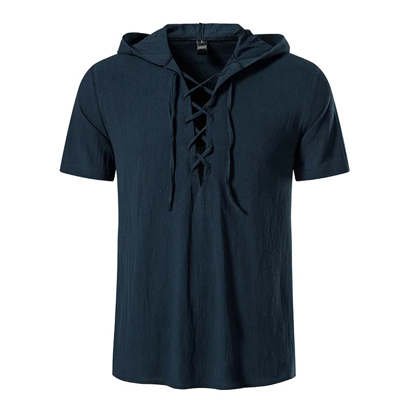 Summer New Men's Cotton Linen Hooded Short Sleeve Shirt Summer Casual