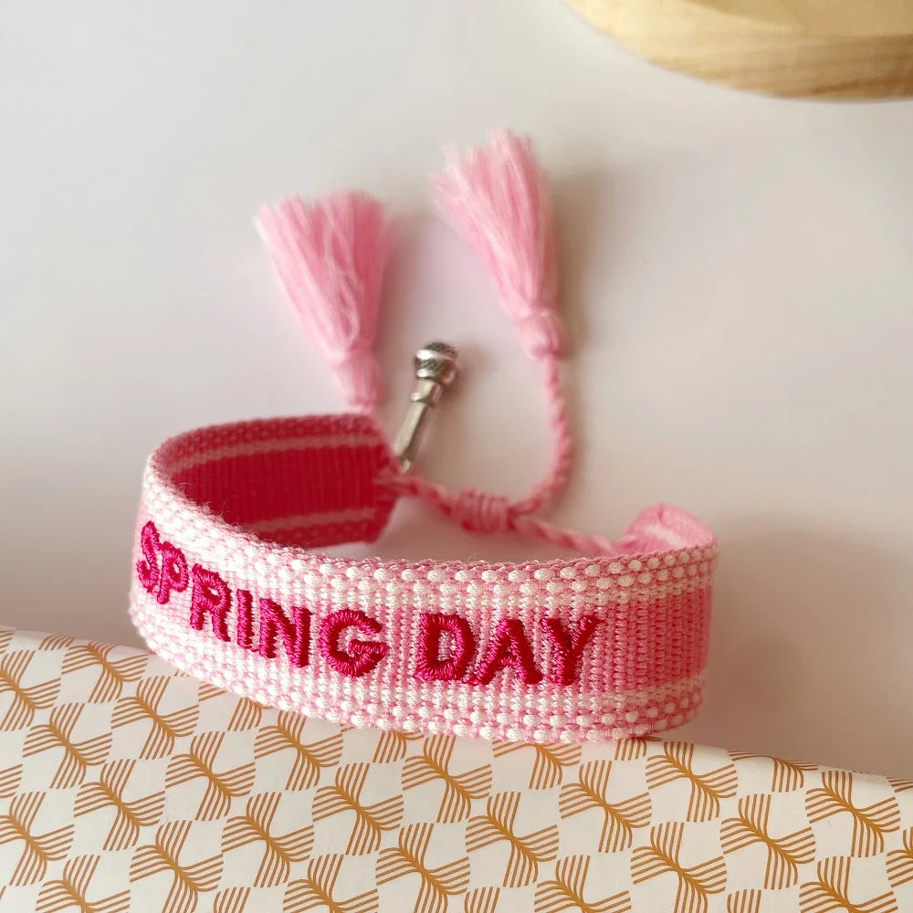 Adjustable Woven Bracelet with Hearts and Lettering