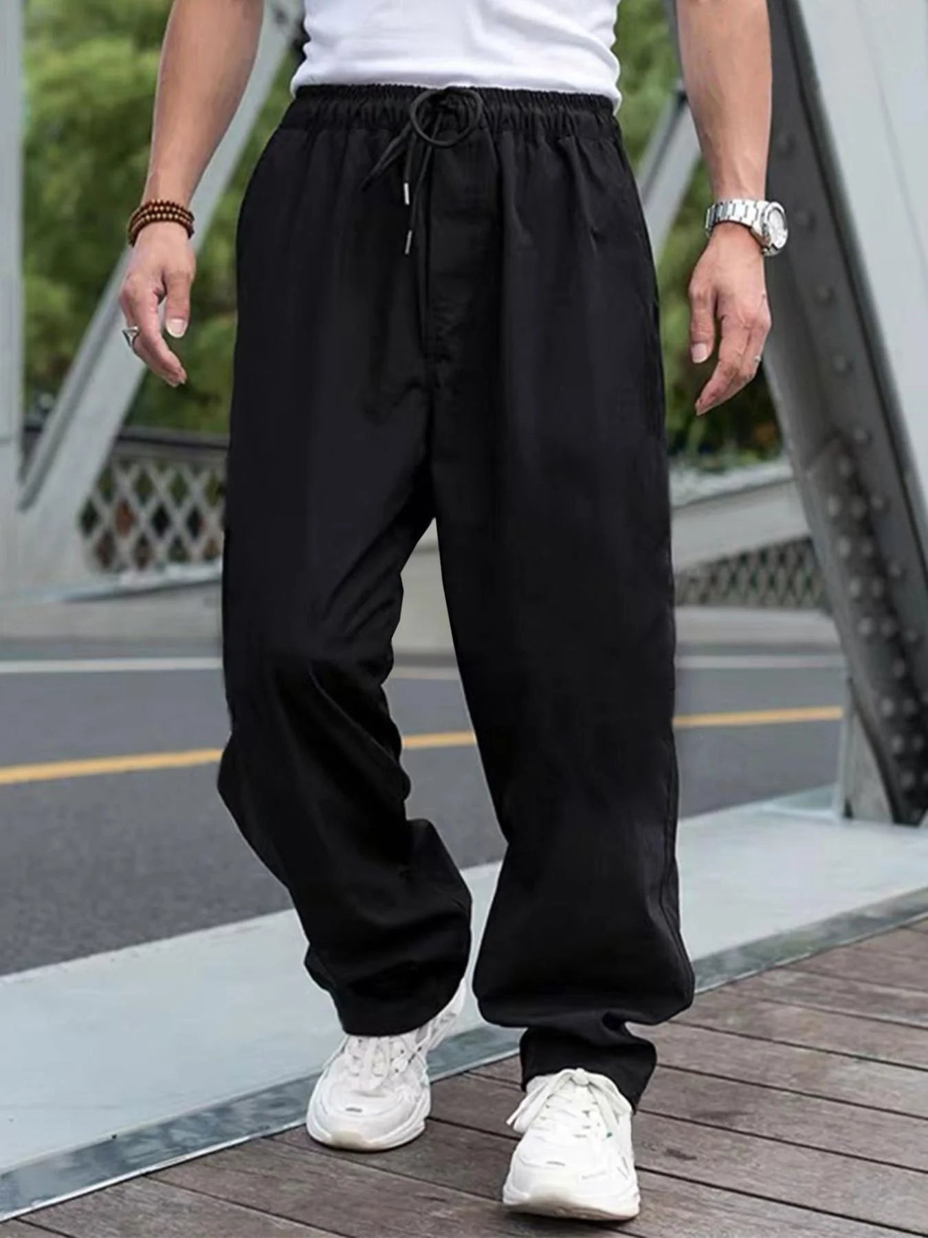 Men's Drawstring Waist Cargo Pants Regular Fit Casual Comfy Straight Leg Trousers