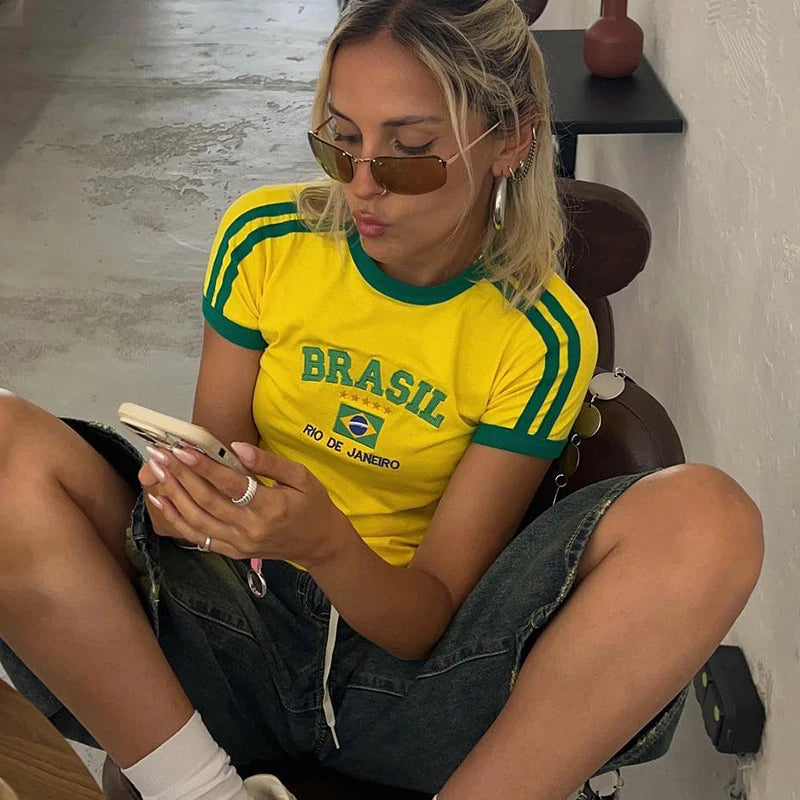 Women Brazil Letter Aesthetic Crop Tops Casual Short Sleeve Tee