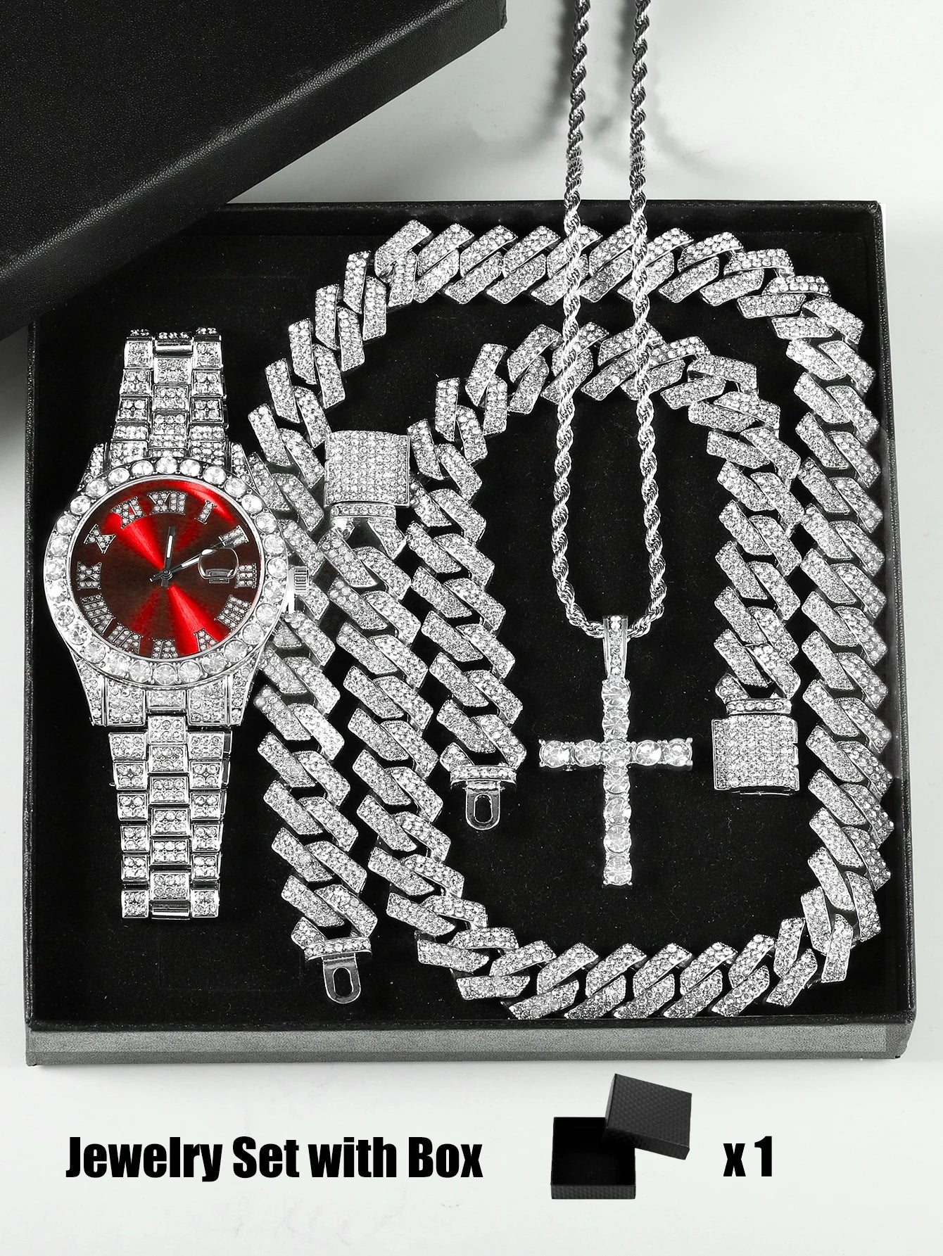 Gift Box Cuban Necklace Bracelet Cross Classic Full Diamond Watch Shining Luxury