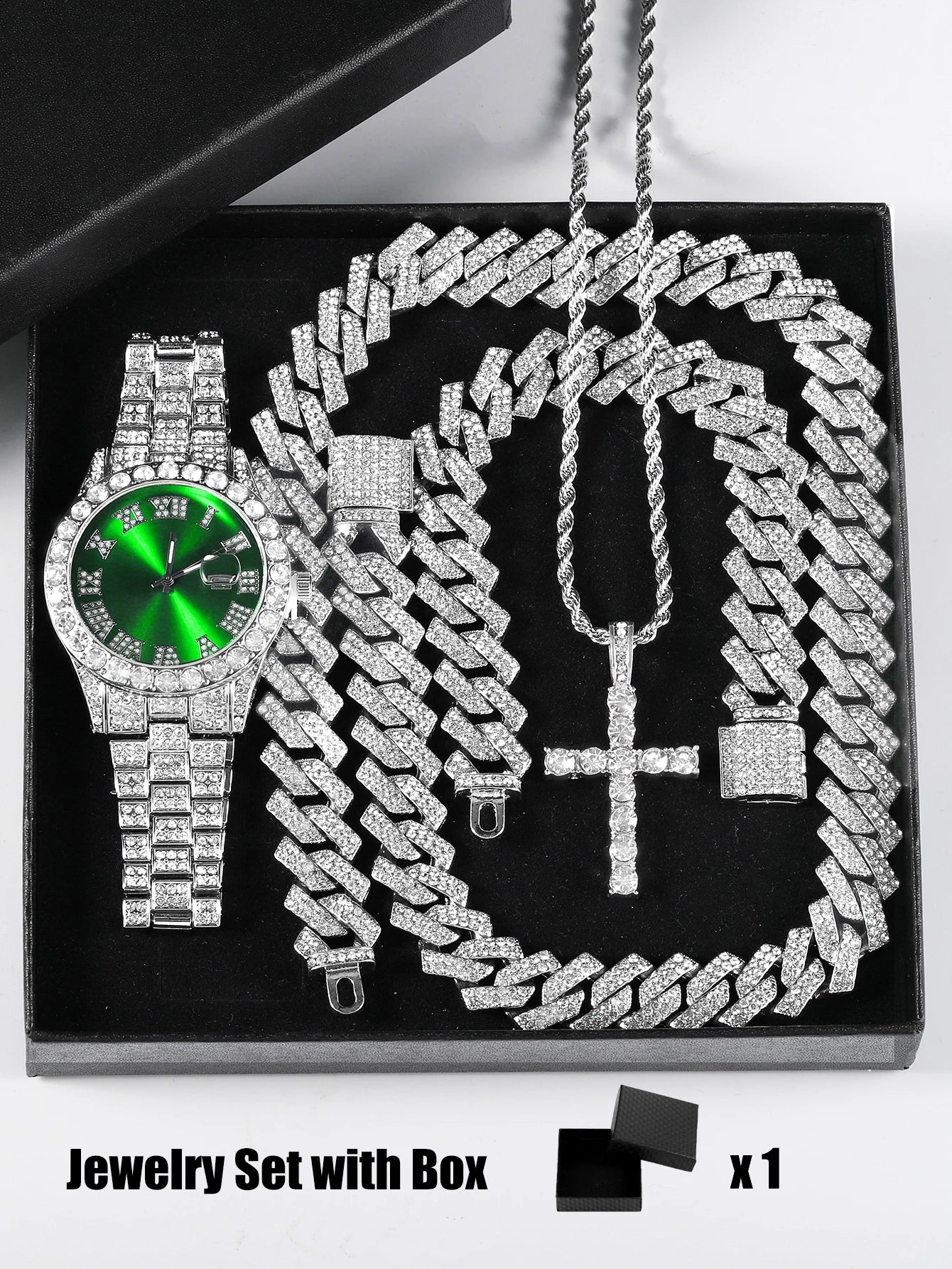 Gift Box Cuban Necklace Bracelet Cross Classic Full Diamond Watch Shining Luxury